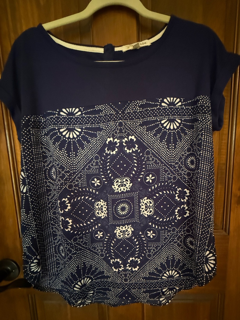 Rewind Navy Blue Short Sleeve Top with White Bandana Print